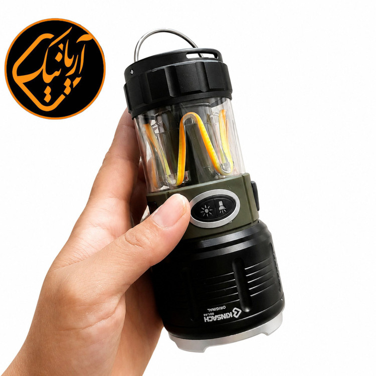 چراغ قوه و چراغ کمپینگ شارژی کینساچ با خروجی پاوربانک و نمایشگر دیجیتال شارژ و نوردهی قوی همراه بند اصلی