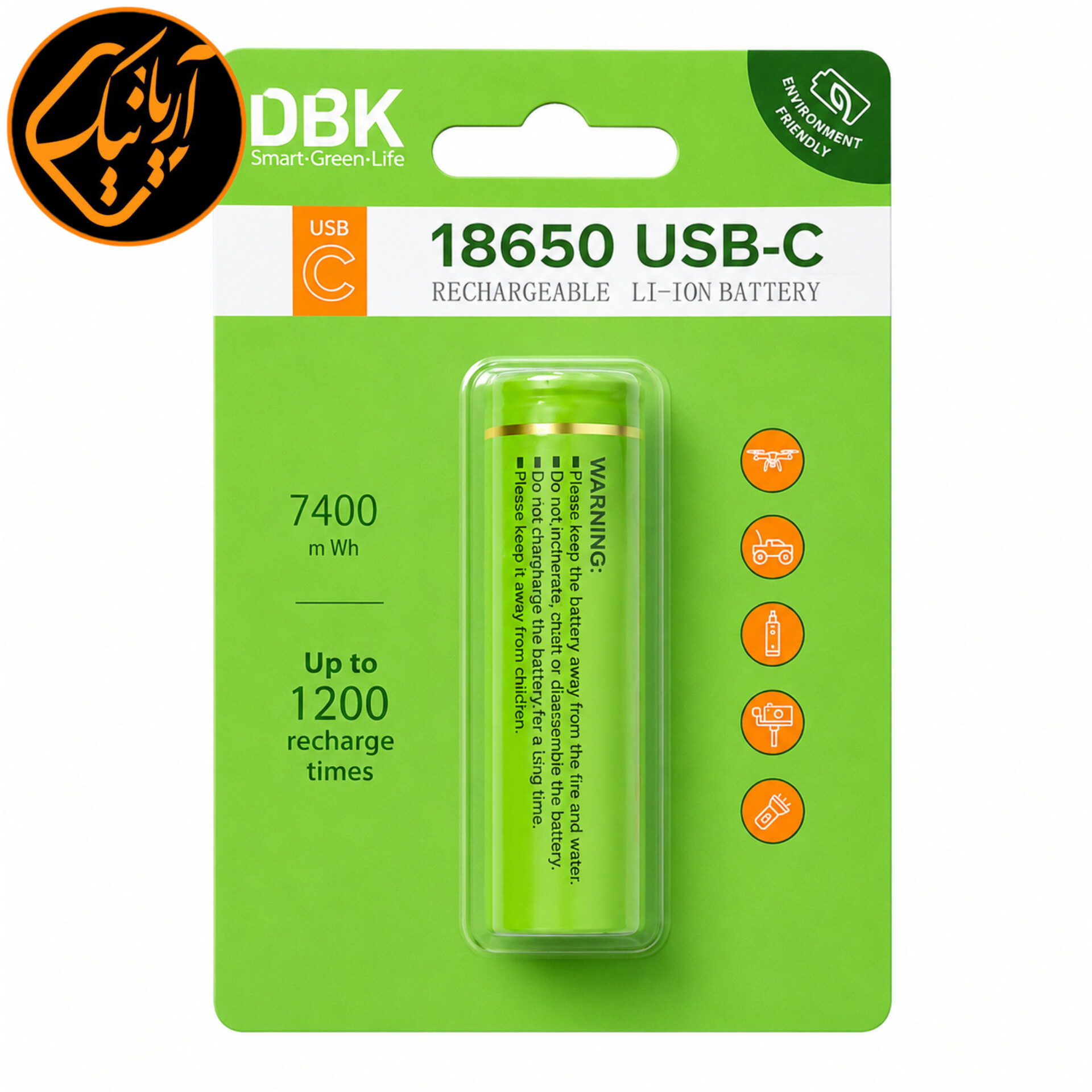 باتری لیتیومی قابل شارژ با ظرفیت ۷۴۰۰ میلی آمپر و ۱۲۰۰ بار شارژ و درگاه USB-C مدل ۱۸۶۵۰ اصلی