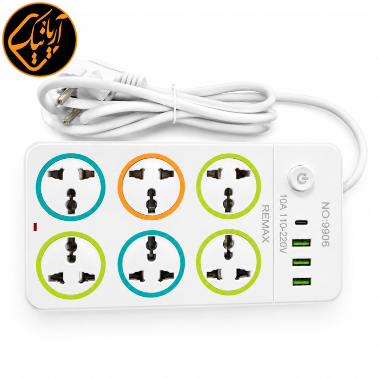 چندراهی برق 6 خانه ریمکس مدل REMAX NO9906 اصلی دارای 3 پورت USB و 1 پورت Type-C قابلیت شارژ همزمان چند دستگاه