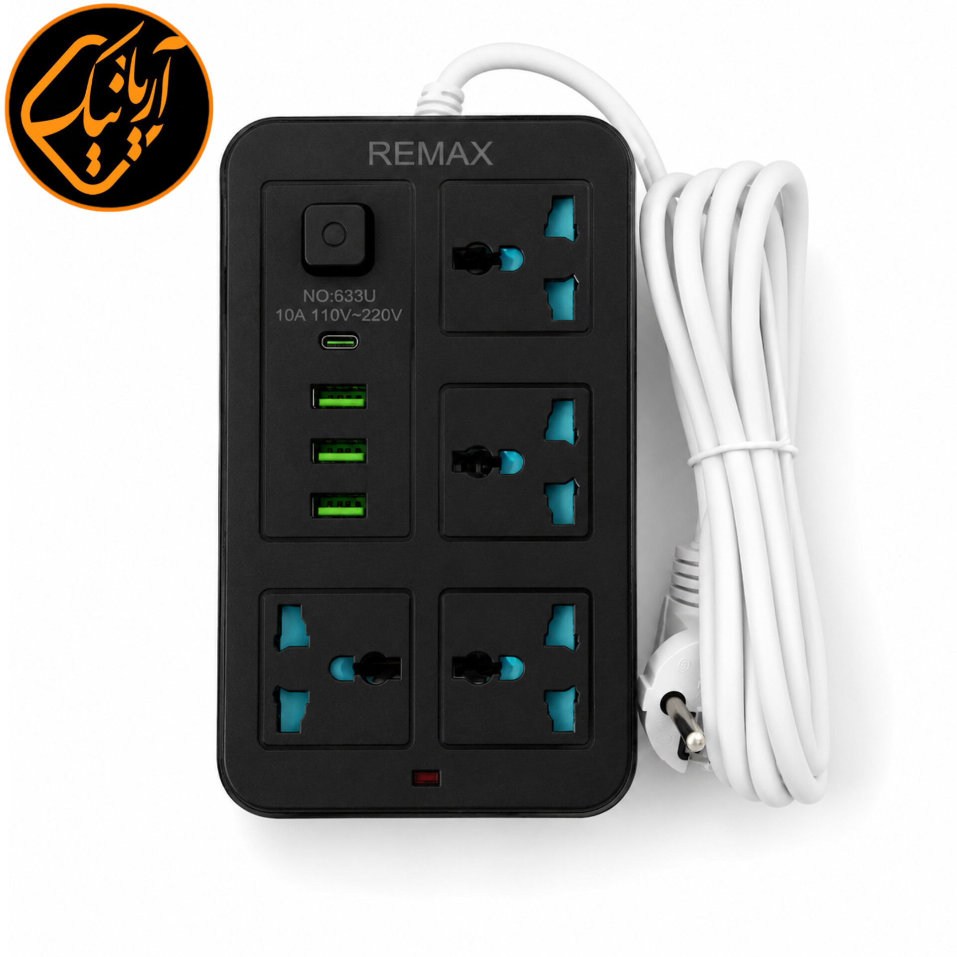 چندراهی و محافظ برق ریمکس مدل 633U اورجینال با 4 پریز یونیورسال، 3 پورت USB و Type-C مناسب شارژ گوشی، لپ‌تاپ و لوازم برقی