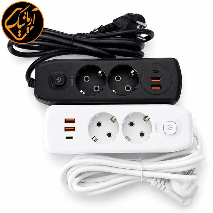 چند راهی برق Q601 دارای 2 پریز برق، 2 پورت USB و Type-C با کابل 1.8 متری و توان 2500 وات 🔌⚡📱