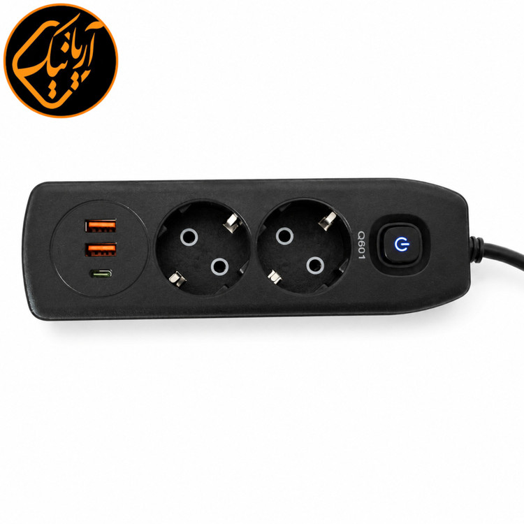 چند راهی برق Q601 دارای 2 پریز برق، 2 پورت USB و Type-C با کابل 1.8 متری و توان 2500 وات 🔌⚡📱