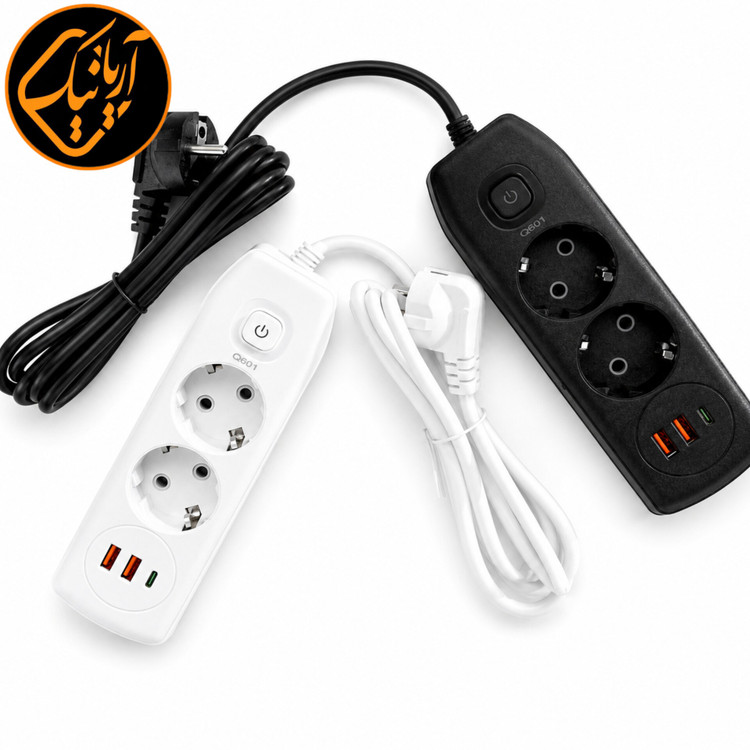 چند راهی برق Q601 دارای 2 پریز برق، 2 پورت USB و Type-C با کابل 1.8 متری و توان 2500 وات 🔌⚡📱