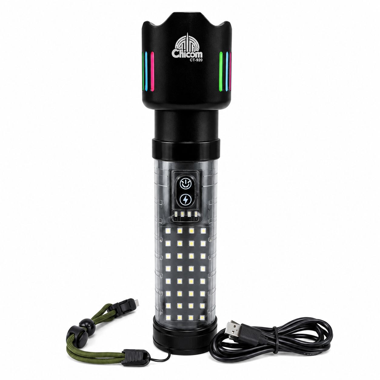 چراغ قوه حرفه ای شارژی آلومینیومی سیتیکام مدل CT-920 دارای نور جانبی، قابلیت پاوربانک و قابلیت زوم