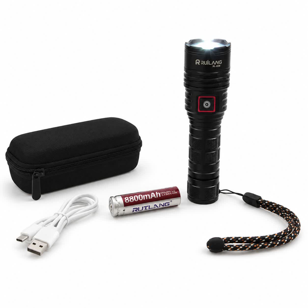 چراغ قوه شارژی حرفه‌ای رویلانگ مدل RL-813 اصلی برد نور 700 متر، باتری 8800 میلی‌آمپرساعت، بدنه آلومینیومی مقاوم مناسب برای کمپینگ و شرایط اضطراری