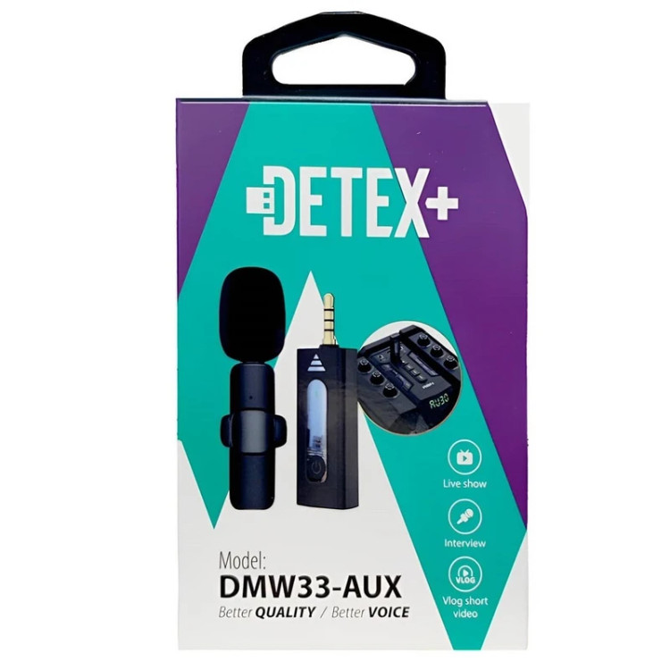میکروفون یقه ای بی سیم DETEX+ مدل DMW33-AUX اصلی میکروفون وایرلس AUX مناسب تولید محتوا، ولاگ، مصاحبه، لایو و کلاس آنلاین
