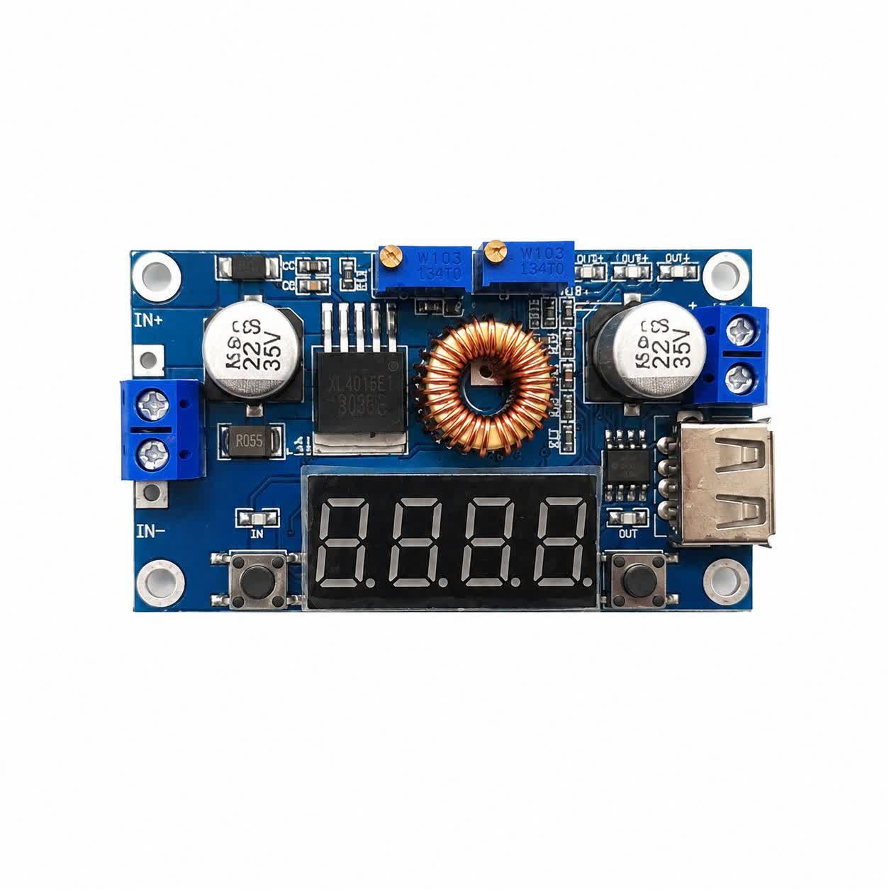 ماژول مبدل و کاهنده ولتاژ DC به DC مدل XL4015E اصلی 5 آمپر با نمایشگر دیجیتال، کنترل جریان و خروجی USB