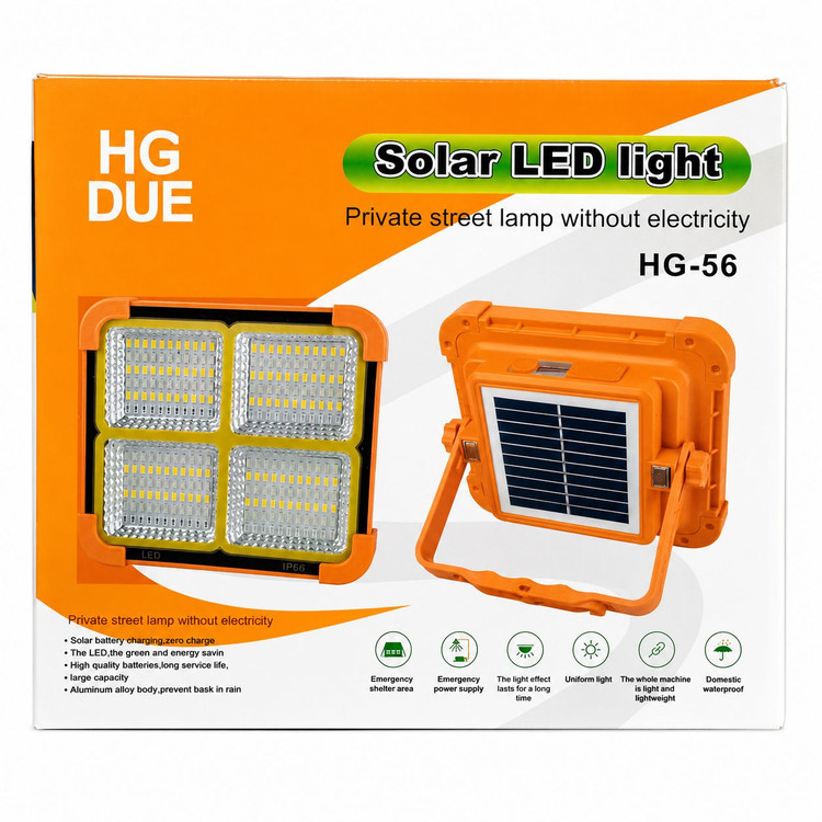 پروژکتور شارژی خورشیدی ضد آب HG DUE مدل HG-56 اصلی | پاوربانک قوی، نورافکن خورشیدی، دارای 264 LED، مناسب برای کمپینگ، قطعی برق و شرایط اضطراری با ضمانت اصالت کالا