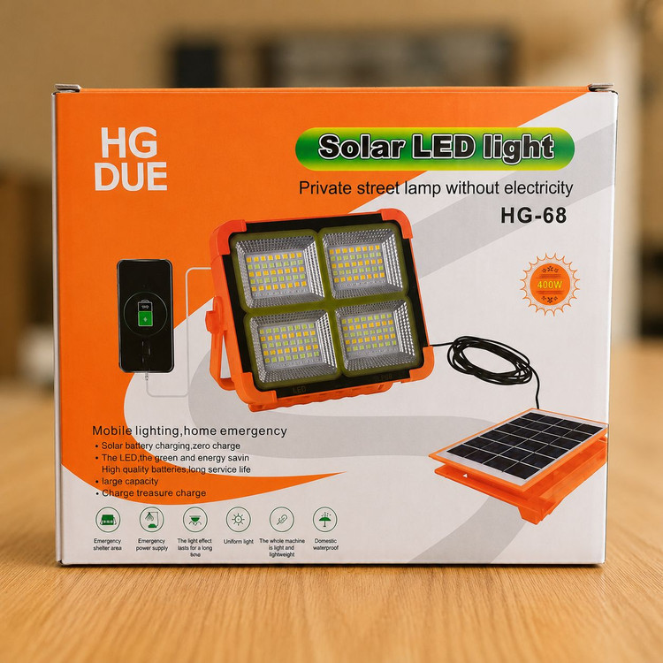 پروژکتور خیابانی 400 وات خورشیدی شارژی ضدآب HG DUE مدل HG-68 اصلی | پاور بانک قوی، پنل خورشیدی جداشونده، شارژ Type-C، باتری 6000 میلیآمپرساعت، مناسب برای کمپینگ، قطعی برق و شرایط اضطراری با ضمانت اصالت کالا