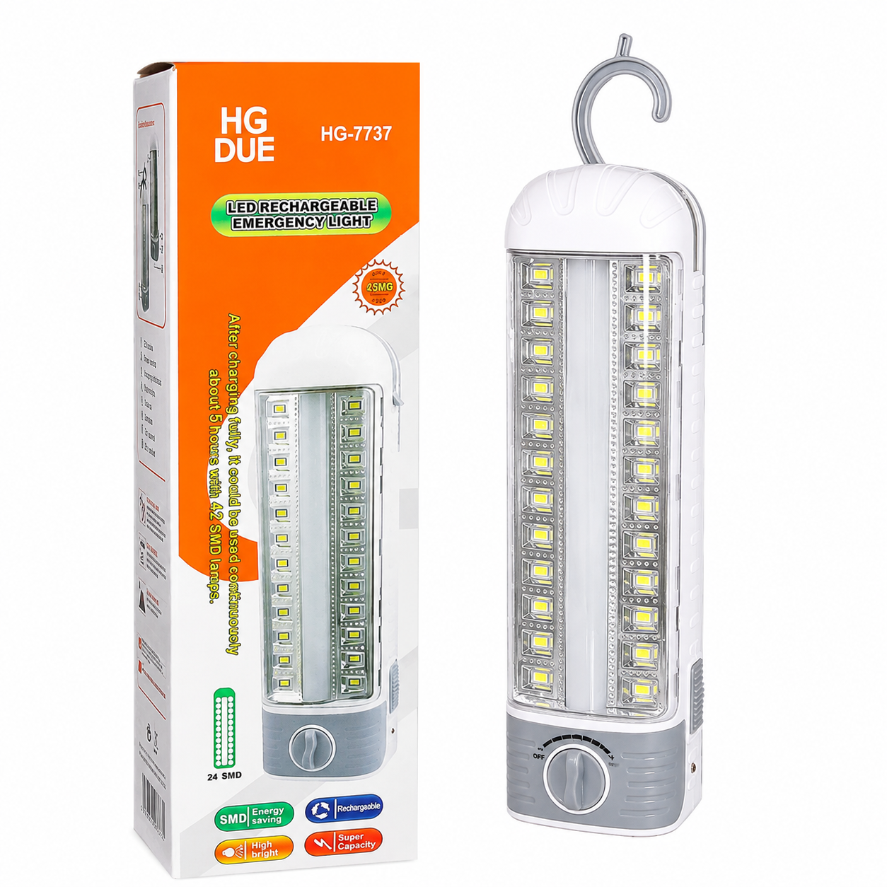 چراغ اضطراری شارژی ایستاده کمپینگ نور قوی HG DUE مدل HG-7737 اصلی | چراغ شارژی LED دو حالته دیمر دار مناسب برای قطعی برق