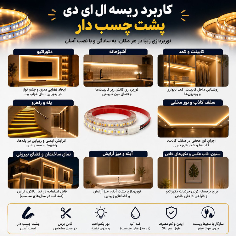 پک 5 عددی ریسه شلنگی LED 220 ولت مدل پشت چسبدار | مناسب نورپردازی کابینت و دکوراسیون