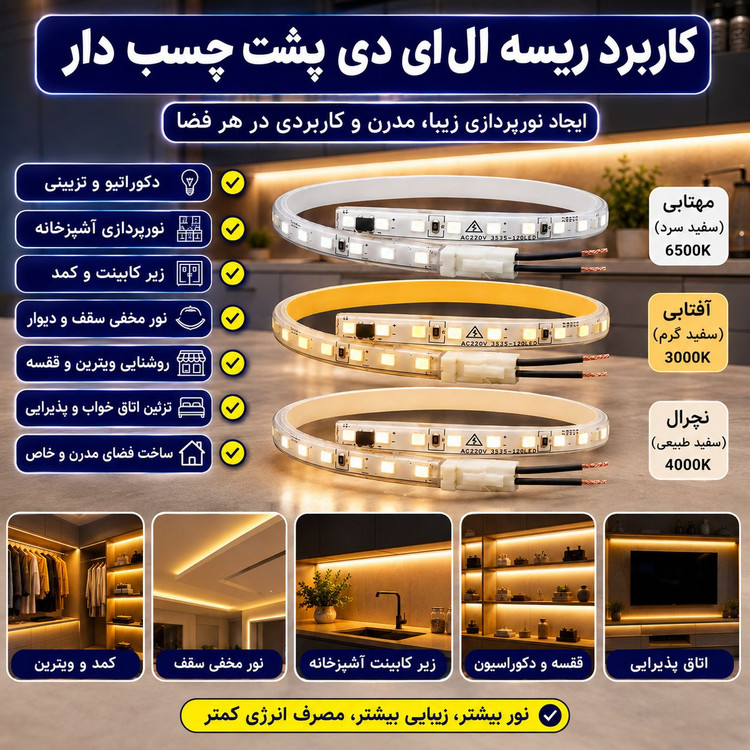 پک 5 عددی ریسه شلنگی LED 220 ولت مدل پشت چسبدار | مناسب نورپردازی کابینت و دکوراسیون