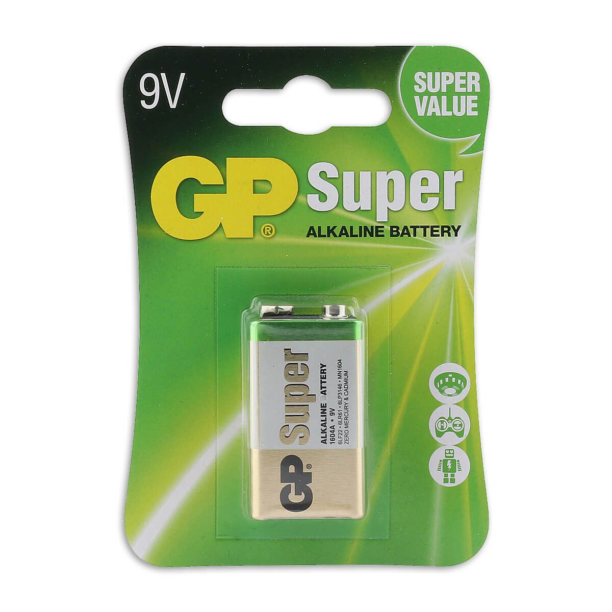 باتری کتابی 9 ولت GP Super مدل 1604A آلکالاین | انرژی پایدار برای دزدگیر، اسباب‌بازی و تجهیزات الکترونیکی