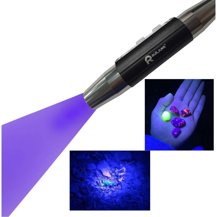 چراغ قوه یووی ۶ لامپ نمایشگر شارژ دیجیتال رویلانگ مدل RL-DF11 اصلی | UV365 و UV395 با نور زرد، قرمز، سفید و یووی مناسب سنگ شناسی، جواهر شناسی، شناسایی حیوانات خطرناک و کمپینگ
