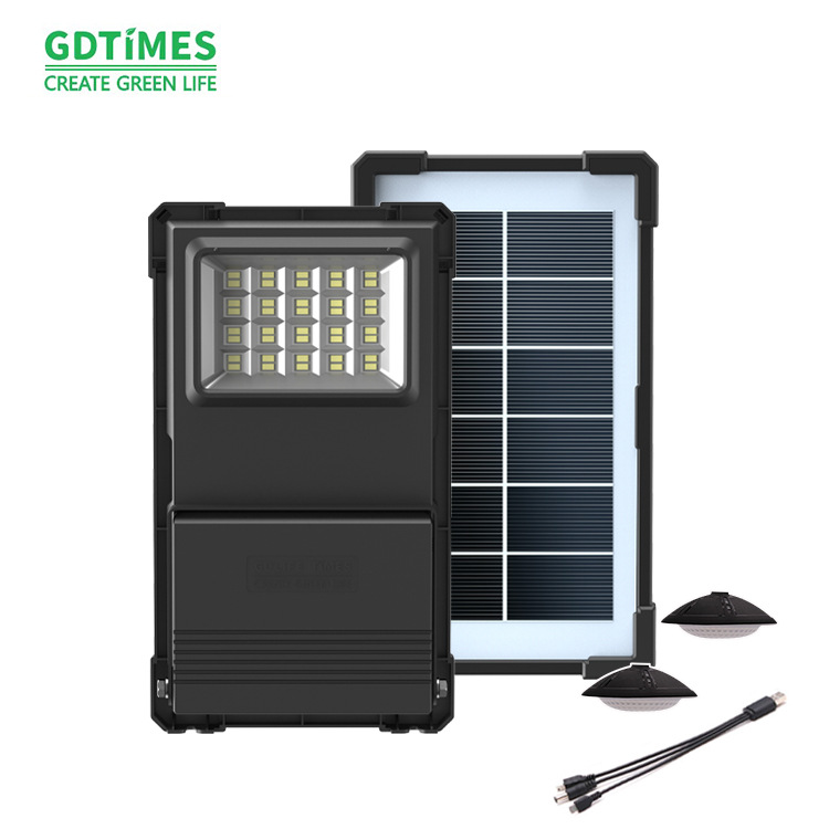 پروژکتور سیار خورشیدی قابل حمل با دو لامپ و پنل خورشیدی جداشونده LED مجزا GDTIMES مدل GD_07A | روشنایی و شارژ در هر شرایطی مناسب برای شرایط اضطراری