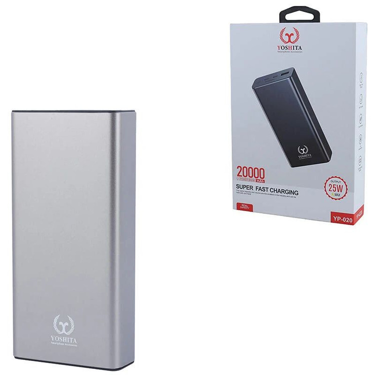 پاوربانک فست شارژ 25 وات با ظرفیت 20000mAh یوشیتا مدل Yoshita YP-020 اصلی سایز بزرگ، ظرفیت واقعی 20000، نمایشگر LCD، مناسب برای شارژ سریع انواع دستگاه ها