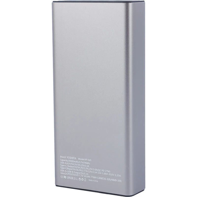 پاوربانک فست شارژ 25 وات با ظرفیت 20000mAh یوشیتا مدل Yoshita YP-020 اصلی سایز بزرگ، ظرفیت واقعی 20000، نمایشگر LCD، مناسب برای شارژ سریع انواع دستگاه ها