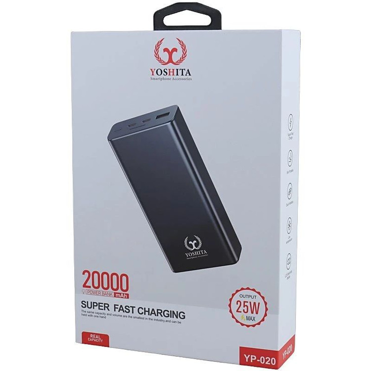 پاوربانک فست شارژ 25 وات با ظرفیت 20000mAh یوشیتا مدل Yoshita YP-020 اصلی سایز بزرگ، ظرفیت واقعی 20000، نمایشگر LCD، مناسب برای شارژ سریع انواع دستگاه ها