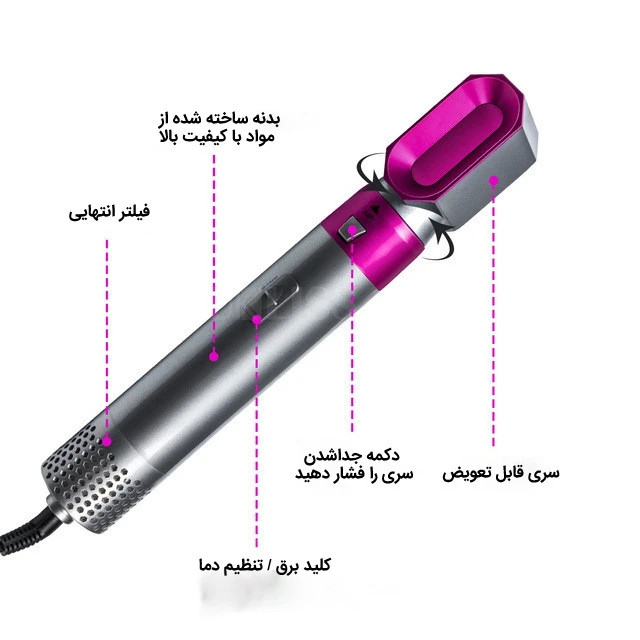 سشوار برسدار حالتدهنده 5 کاره مدل TP-5+1 اصلی 5 سری کاربردی، ۳ سرعت و موتور AC مناسب برای انواع مو