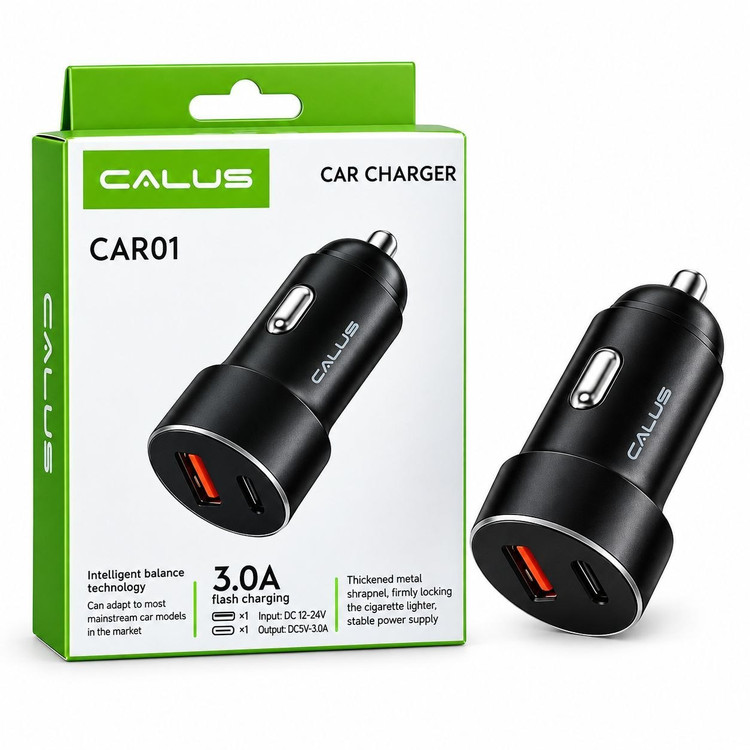 شارژر فندکی خودرو 24و 12ولت سه آمپر با دو خروجی تاب سی و USB Calus مدل CAR01